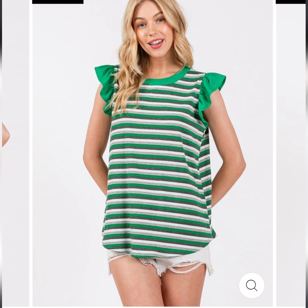 91 Green Striped Women's Ruffle Tank Top